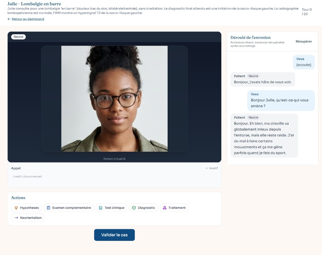 Capture d’écran de l’interface Educare : simulation d’entretien avec patient virtuel